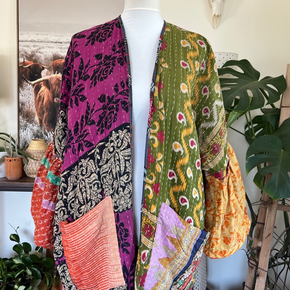 Kantha India Sari Colorful Bell Sleeve Kimono Robe OS NWOT - Picture 11 of 16
